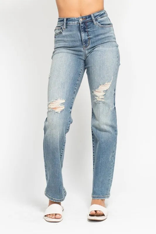 Plus size Judy Blue high waist distressed dad jeans, full length denim with ripped detailing, stylish and comfortable for casual wear.