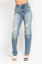 Plus size Judy Blue high waist distressed dad jeans, full length denim with ripped detailing, stylish and comfortable for casual wear.