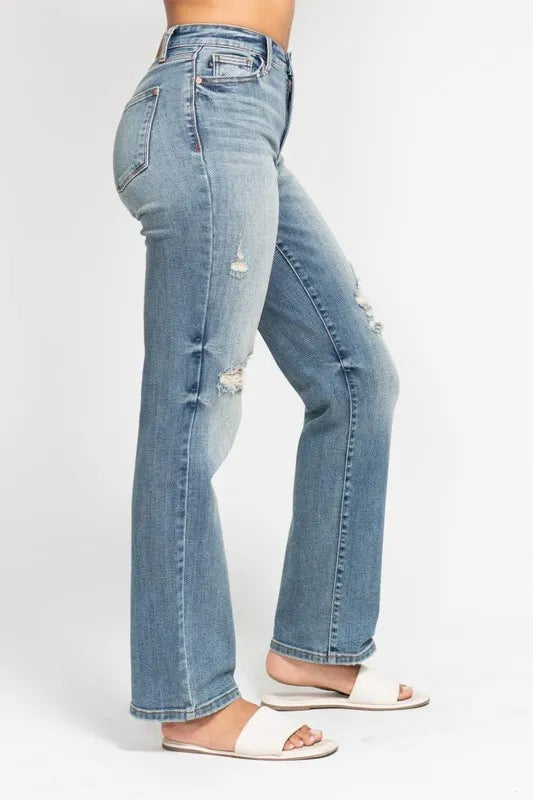 Plus size Judy Blue high waist distressed dad jeans with a full-length fit and trendy distressed details.