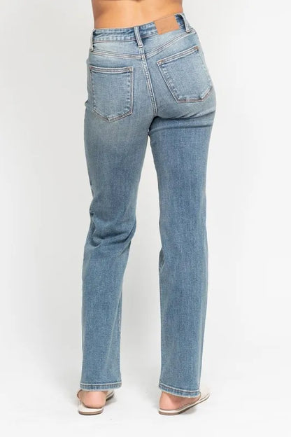 Plus size Judy Blue high waist distressed dad jeans with a full-length fit, showcasing classic denim style and trendy distressing.