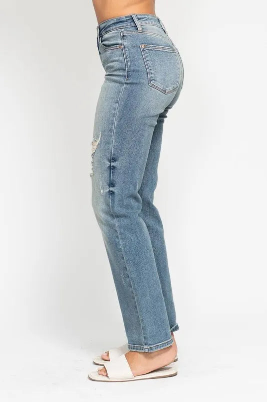 Plus size Judy Blue high waist distressed dad jeans, full length, stylish denim with worn details and a relaxed fit.