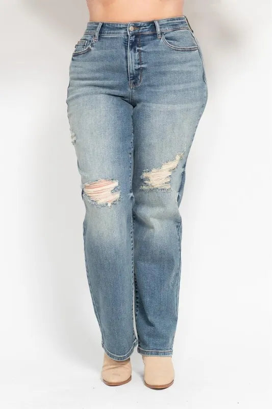 Plus size Judy Blue high waist distressed dad jeans, full length, with ripped details and classic denim look.