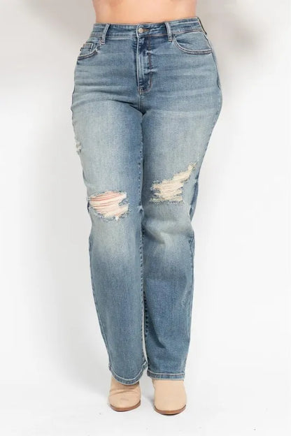 Plus size Judy Blue high waist distressed dad jeans, full length, with ripped details and classic denim look.