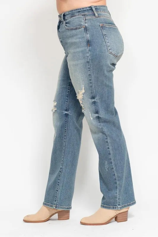 Plus size Judy Blue high waist distressed dad jeans, full size denim with ripped details, styled for a casual look.