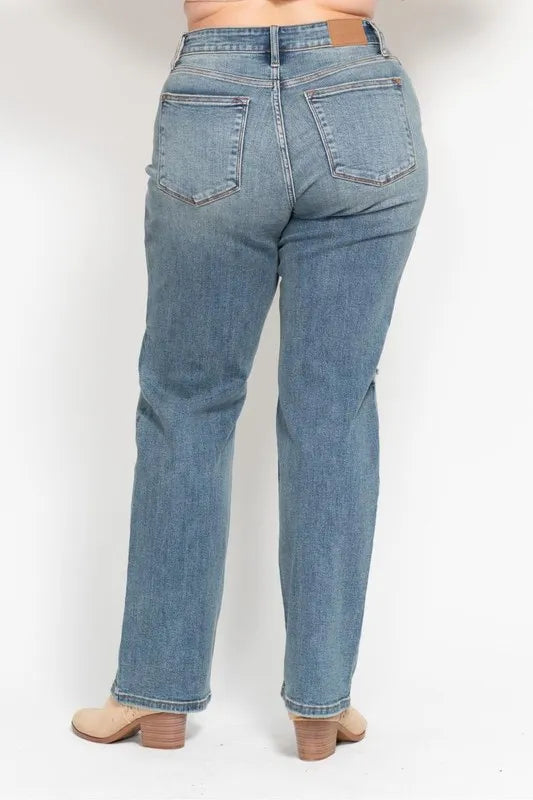 Plus size Judy Blue high waist distressed dad jeans, full length denim with stylish rips and a comfortable fit.