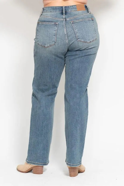 Plus size Judy Blue high waist distressed dad jeans, full length denim with stylish rips and a comfortable fit.