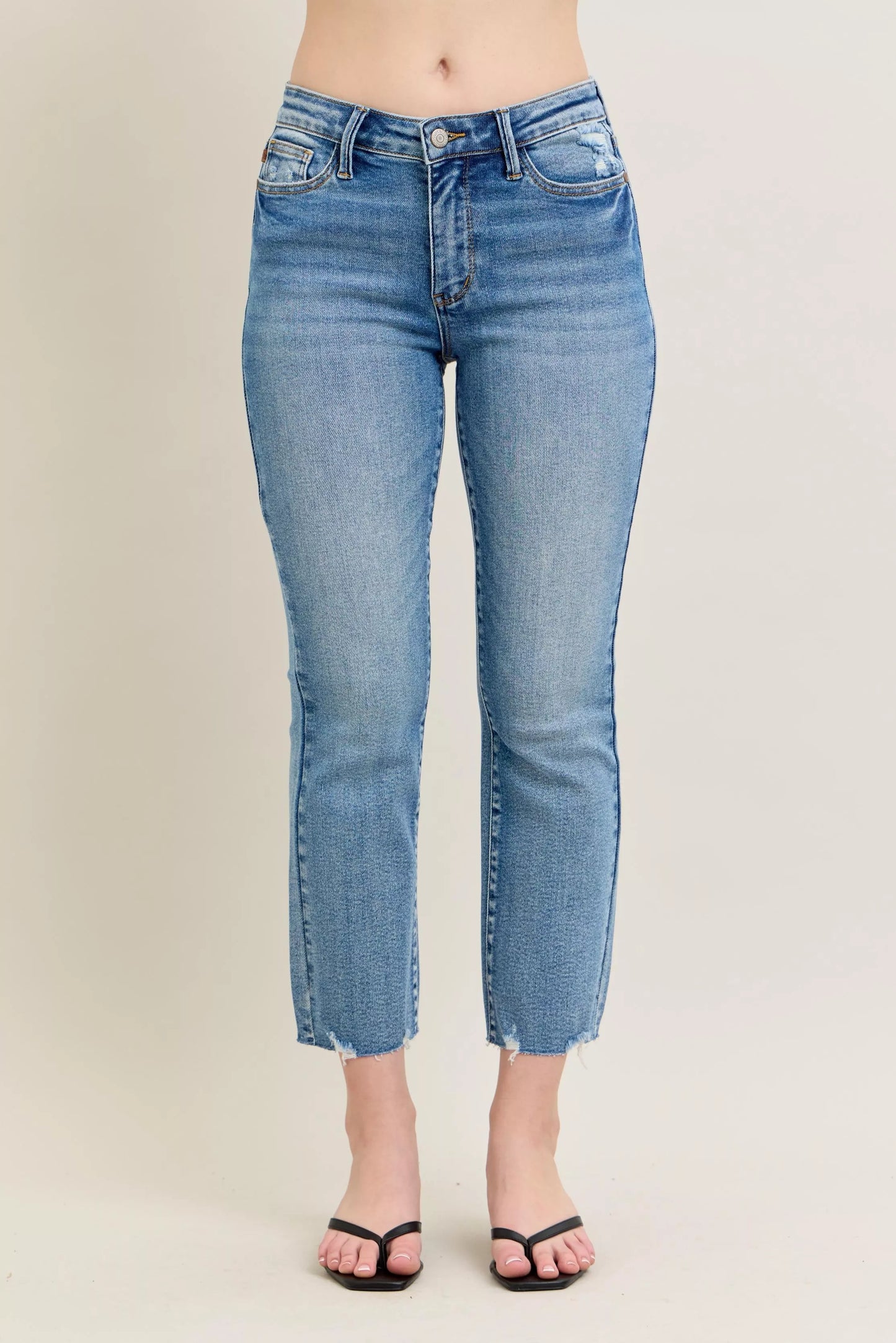 Judy Blue Mr Vintage Wash Destroy Hem Kick Flare Jeans with distressed details and flared legs, displayed on a white background.