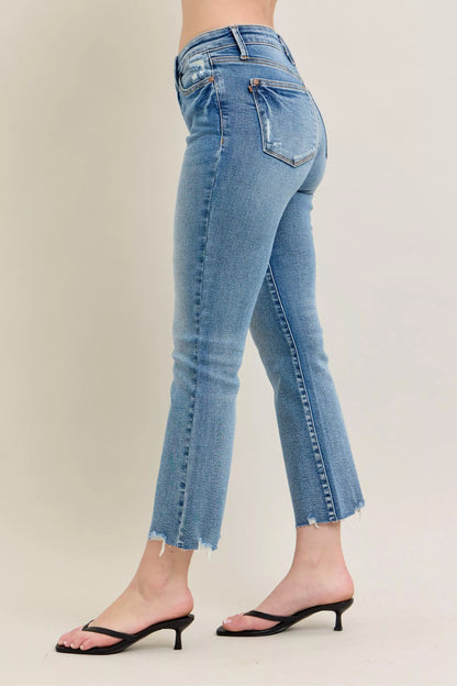 Judy Blue Mr Vintage Wash Destroy Hem Kick Flare Jeans with distressed details and flared leg, displayed on a neutral background.