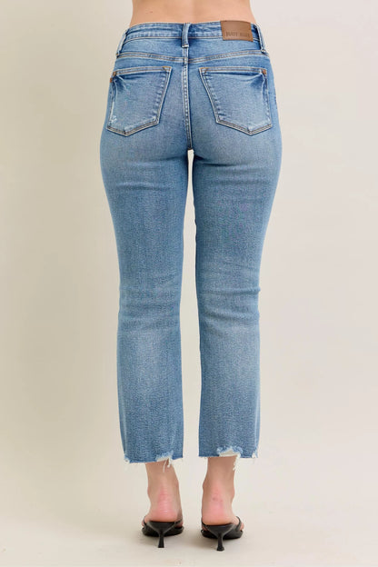 Judy Blue Mr Vintage Wash Destroy Hem Kick Flare Jeans with distressed details and wide leg opening, trendy denim for women.