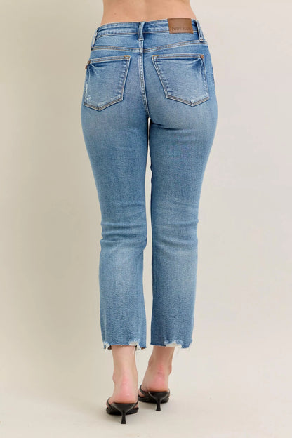 Judy Blue Mr Vintage Wash Destroy Hem Kick Flare Jeans with distressed details and flared legs, casual denim style.