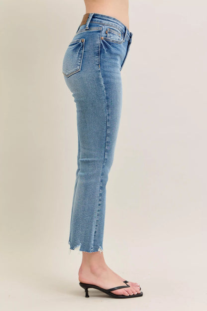 Judy Blue Mr Vintage Wash Destroy Hem Kick Flare Jeans with distressed details and flared legs, stylish denim for casual wear