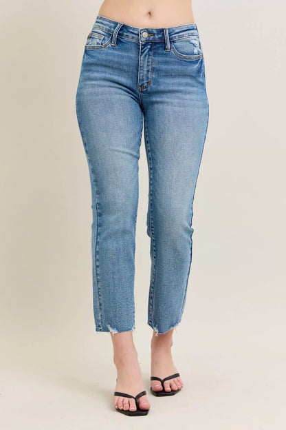 Judy Blue Mr Vintage Wash Destroy Hem Kick Flare Jeans with distressed details and flared legs, shown on a model.