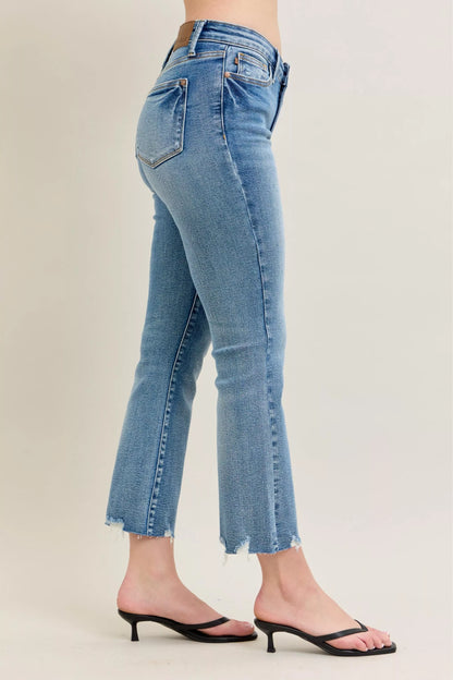 Judy Blue Mr Vintage Wash Destroy Hem Kick Flare Jeans showing distressed hem, high-waisted fit, and vintage wash fabric detail.