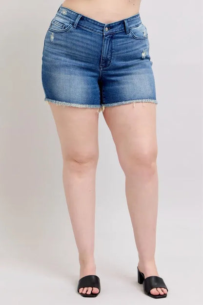 Plus size Judy Blue denim shorts with V-front design and shield pockets, featuring a full-size fit and stylish casual look.
