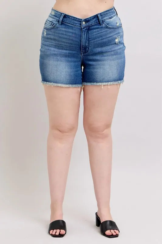Plus size Judy Blue V-front denim shorts with shield pockets, full size, featuring trendy design and classic denim style.