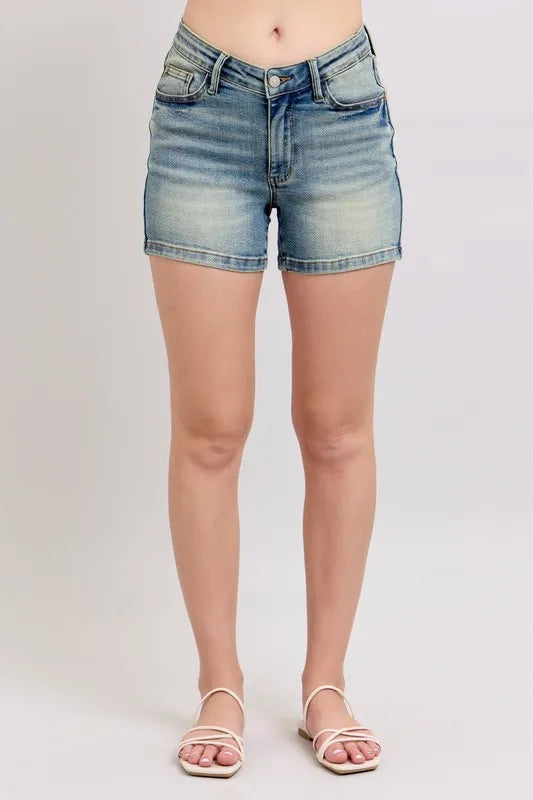 Plus size Judy Blue vintage wash shorts with V-front design, featuring a full-size fit and casual style.