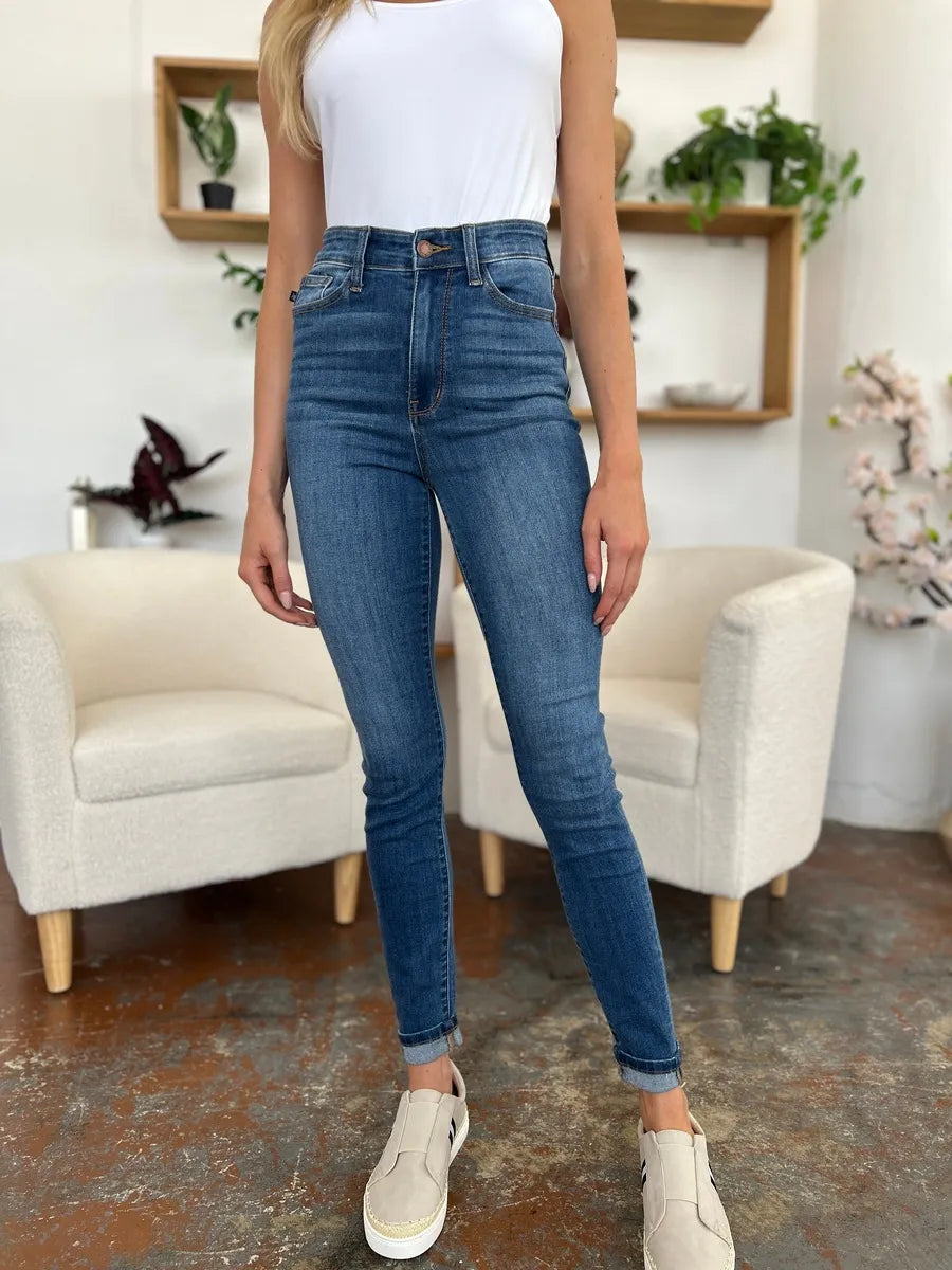 Judy Blue full-size cuffed hem skinny jeans in medium wash with classic five-pocket design and fitted silhouette.