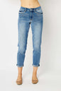 Full view of Judy Blue full-size cuffed hem slim jeans with classic denim wash, displayed on a hanger.