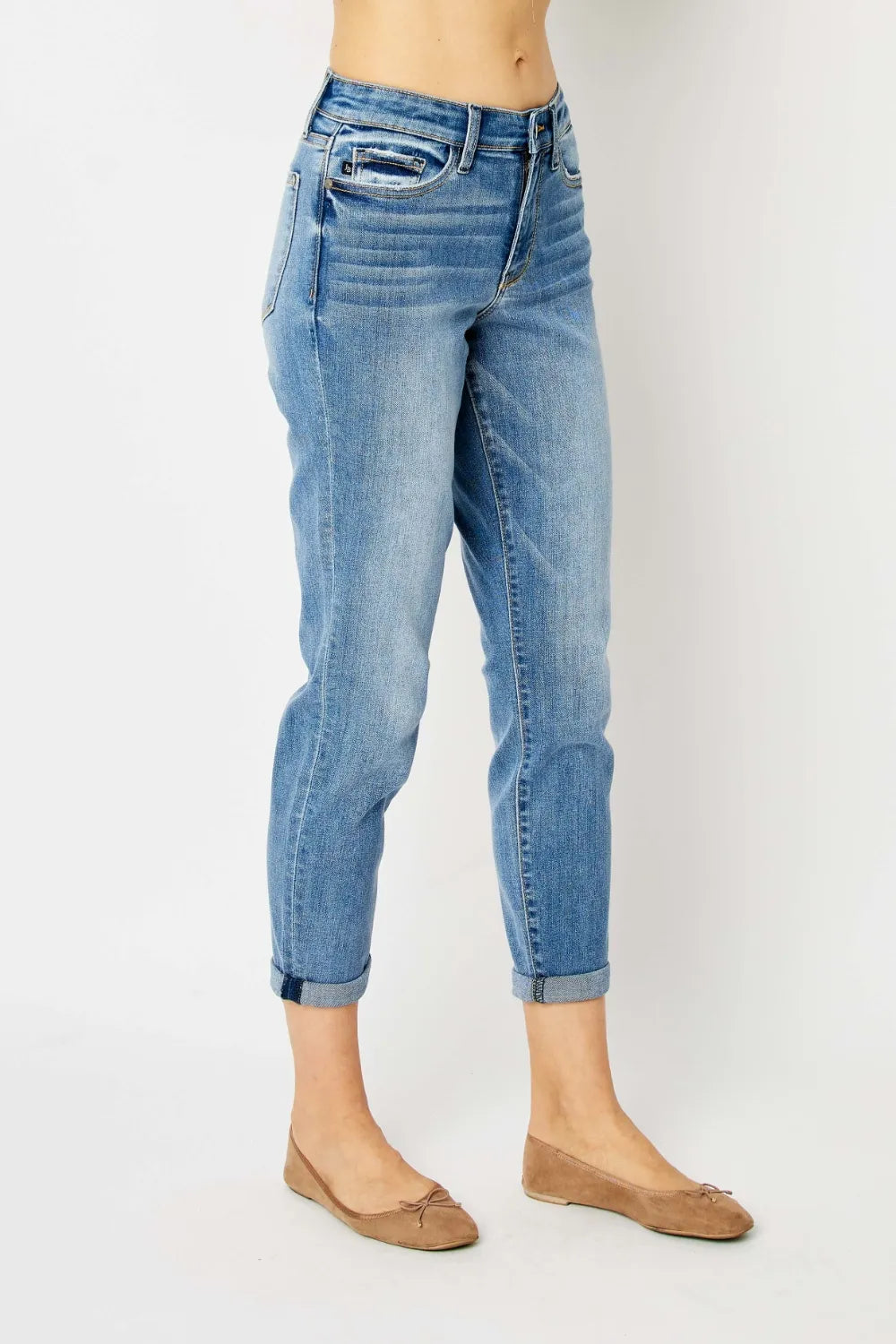Judy Blue full size cuffed hem slim jeans, medium wash, denim fabric, fitted style, with visible cuffed hem and classic five-pocket design