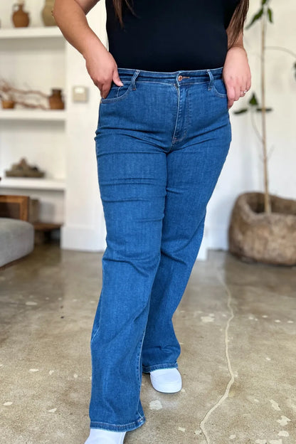 Medium shot of Judy Blue high-rise straight jeans in full size, showcasing classic fit and denim texture.