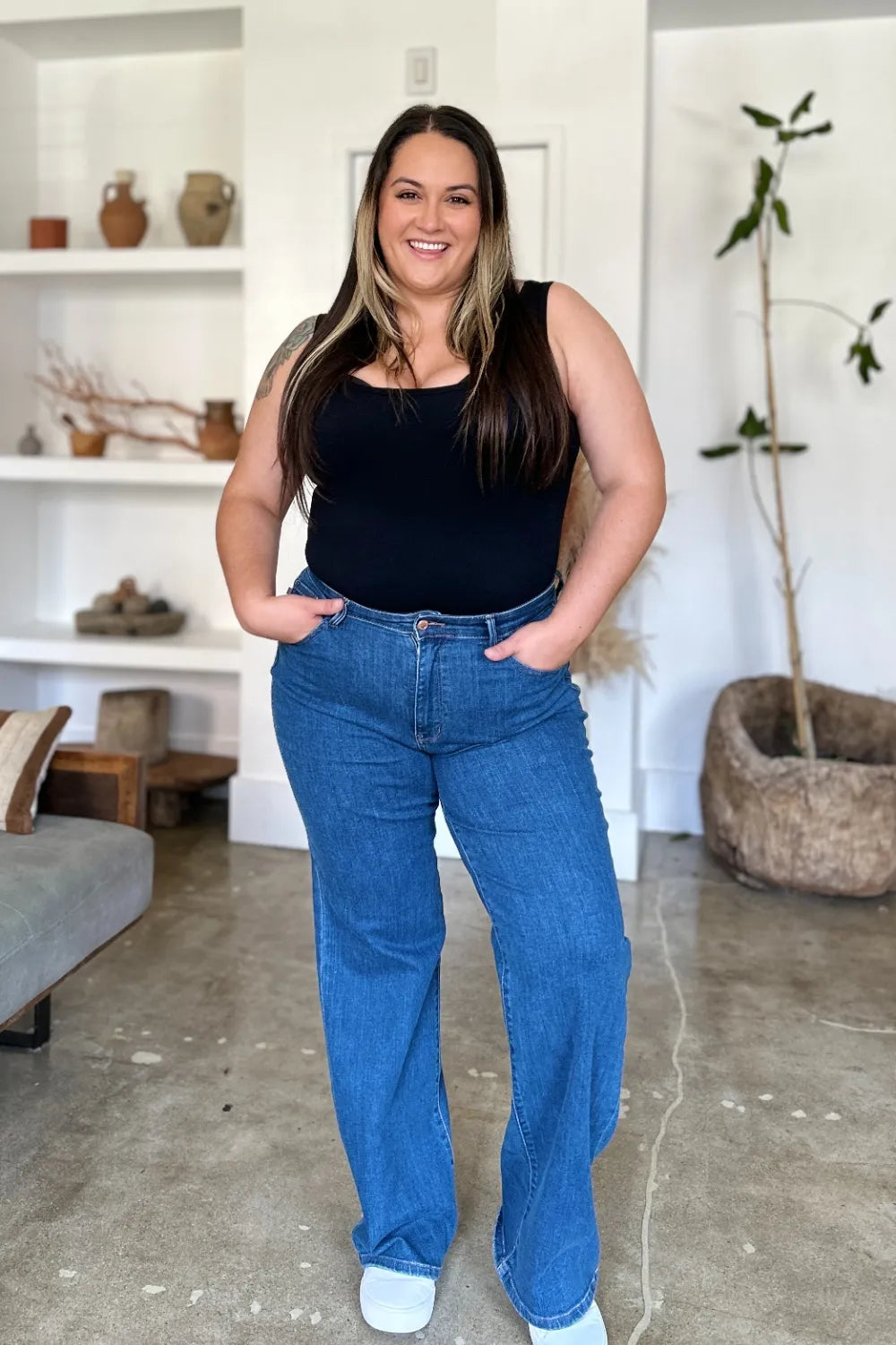 Medium shot of Judy Blue high rise straight jeans, full size, showing the fit and classic denim style.