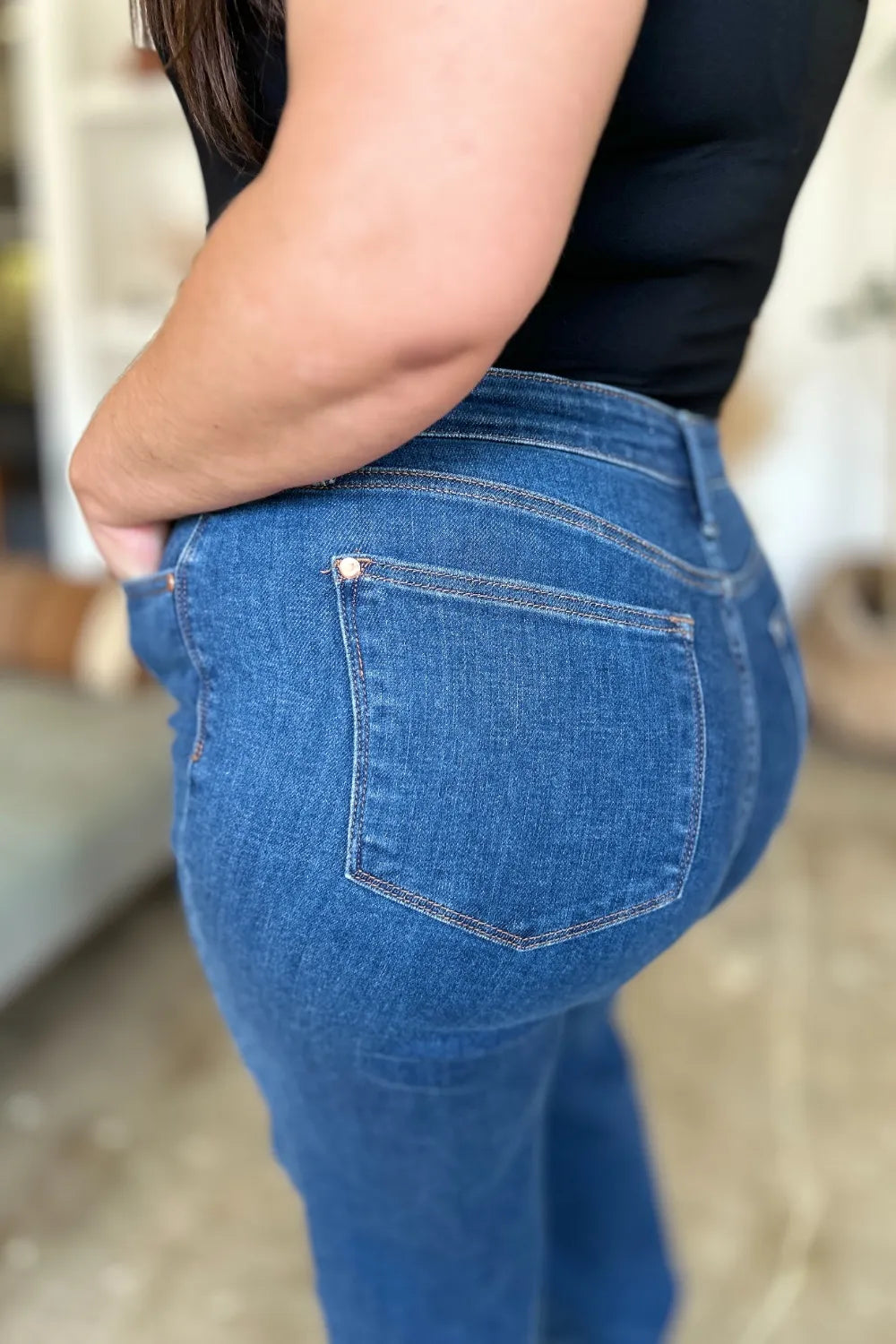 Medium shot of Judy Blue high-rise straight jeans in full size, showcasing classic denim fit and clean design.