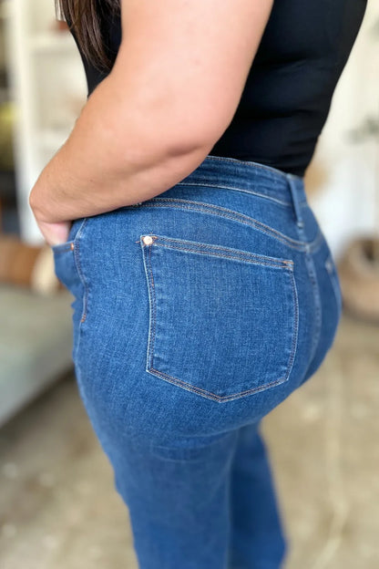 Medium shot of Judy Blue high-rise straight jeans in full size, showcasing classic denim fit and clean design.