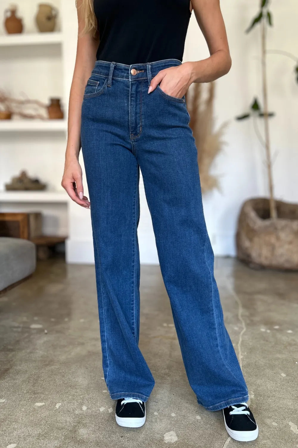 Medium shot of Judy Blue high-rise straight jeans in full size, showcasing classic denim fit and clean design.