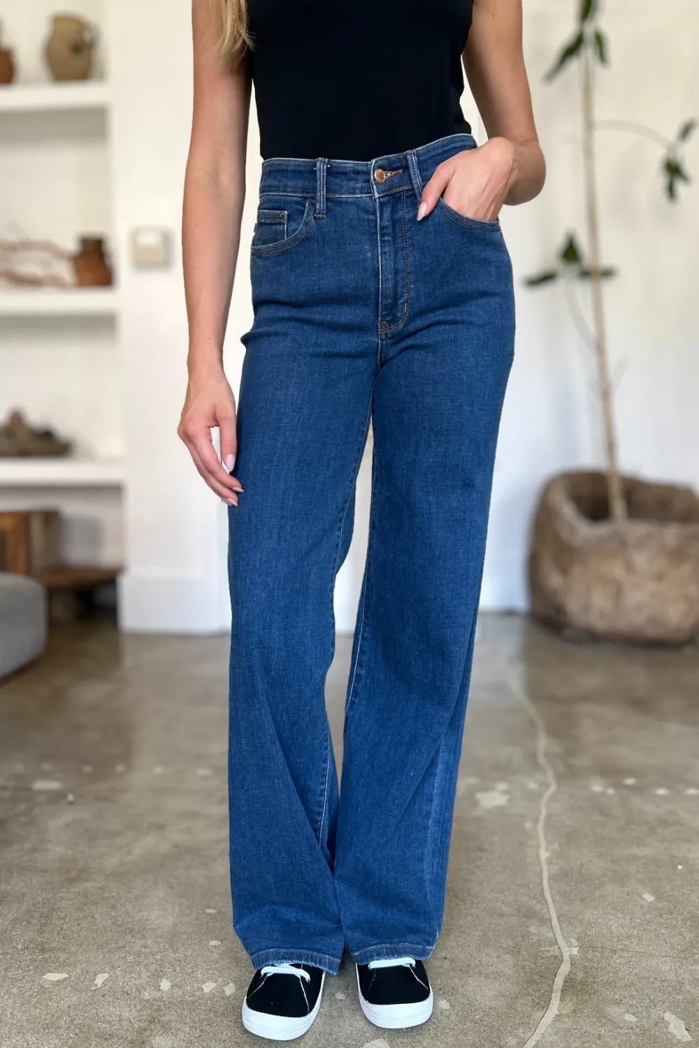 Medium shot of Judy Blue high-rise straight jeans in full size, showcasing classic denim fit and clean stitching details.