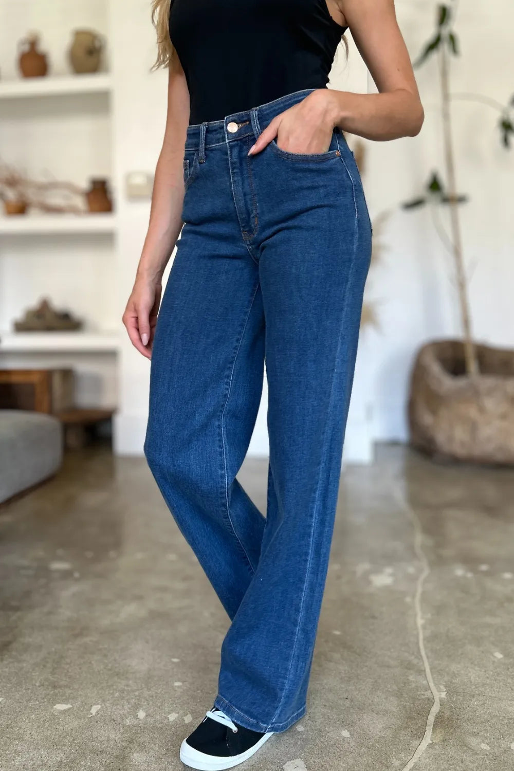 Medium shot of Judy Blue full size high-rise straight jeans showing their fit and classic denim style.