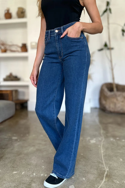 Medium shot of Judy Blue full size high-rise straight jeans showing their fit and classic denim style.