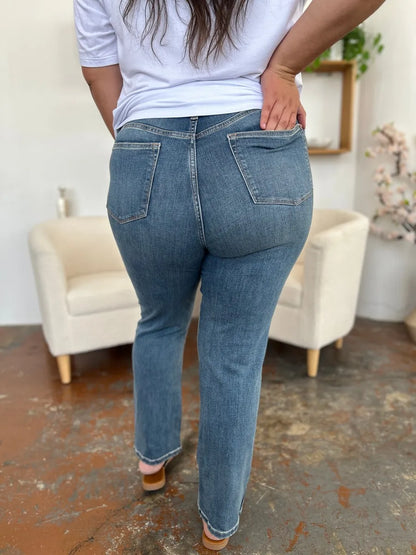 Light blue Judy Blue full-size high-waist straight jeans displayed on a model, showcasing classic denim style and fit.