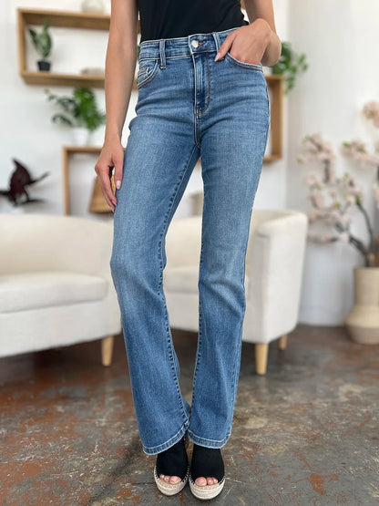 Medium wash Judy Blue full-size mid-rise waist straight jeans with classic fit and clean front, displayed on a plain background.