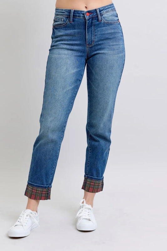 Judy Blue plaid print cuff straight leg jeans with pockets, full size, featuring a classic plaid pattern and comfortable fit.