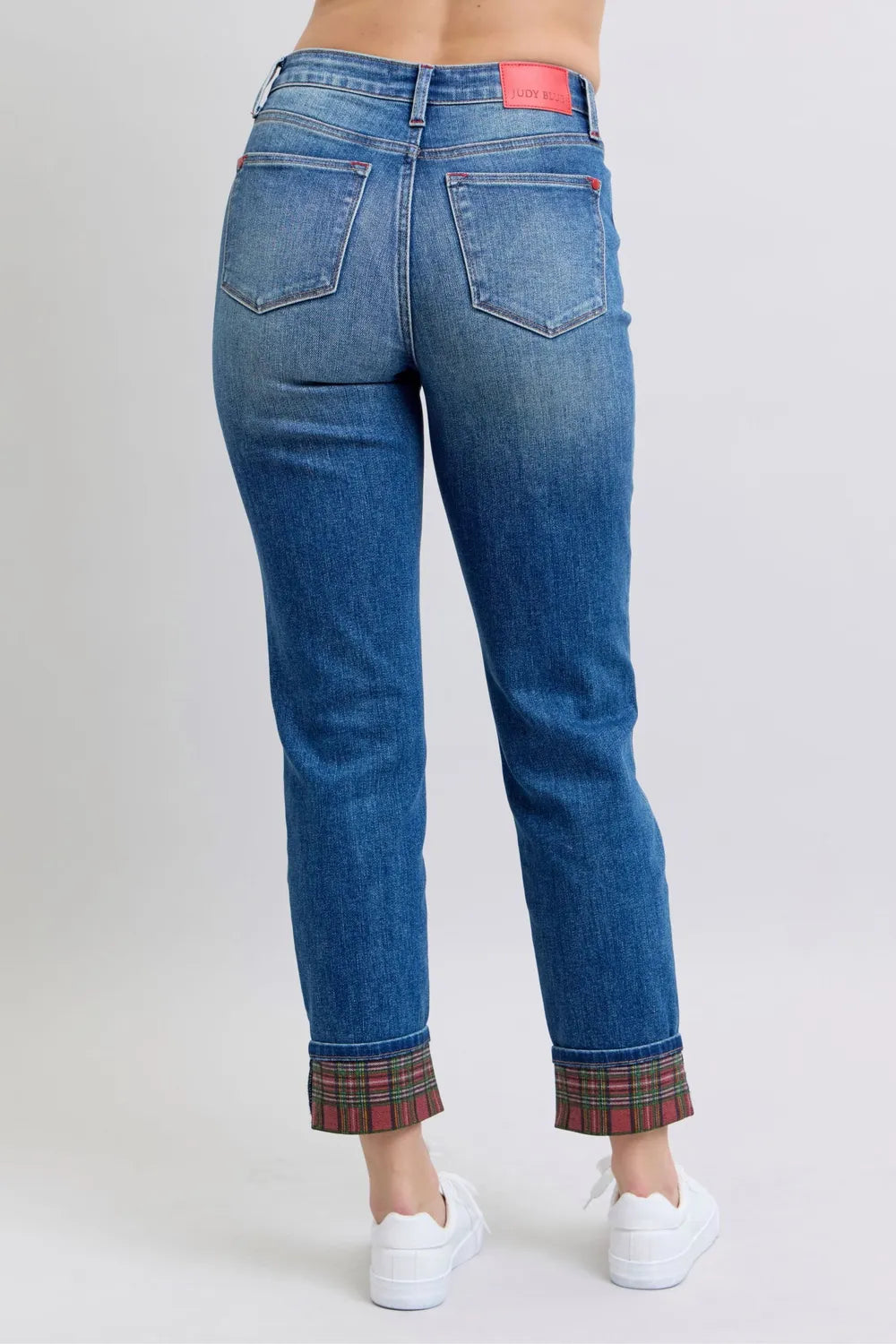 Judy Blue plaid print cuff straight leg jeans with pockets, full size, featuring a stylish plaid pattern and classic denim fit.