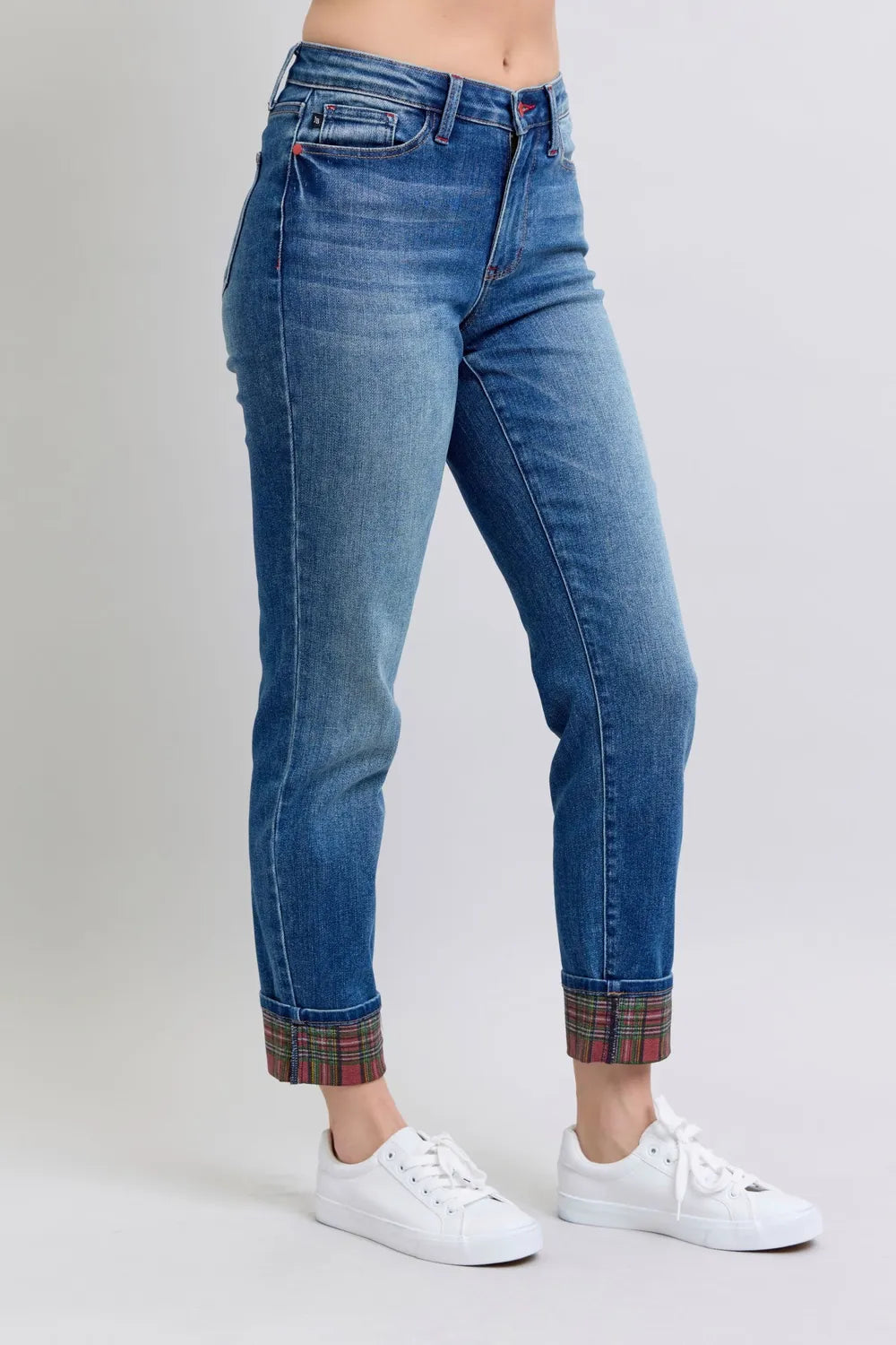 Judy Blue full-size plaid print cuff straight leg jeans with pockets, featuring a classic denim look and relaxed fit.