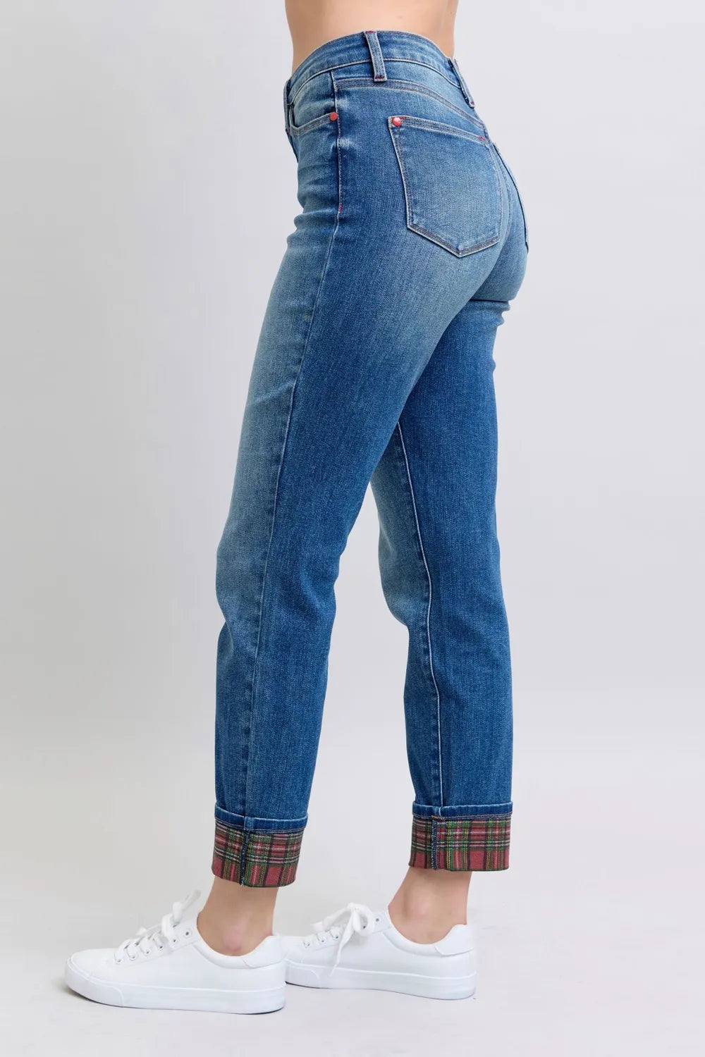 Judy Blue plaid print cuff straight leg jeans with pockets, full size, featuring a classic plaid pattern and comfortable fit.