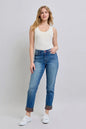 Judy Blue full-size plaid print cuff straight-leg jeans with pockets, featuring a stylish plaid pattern and classic denim design.