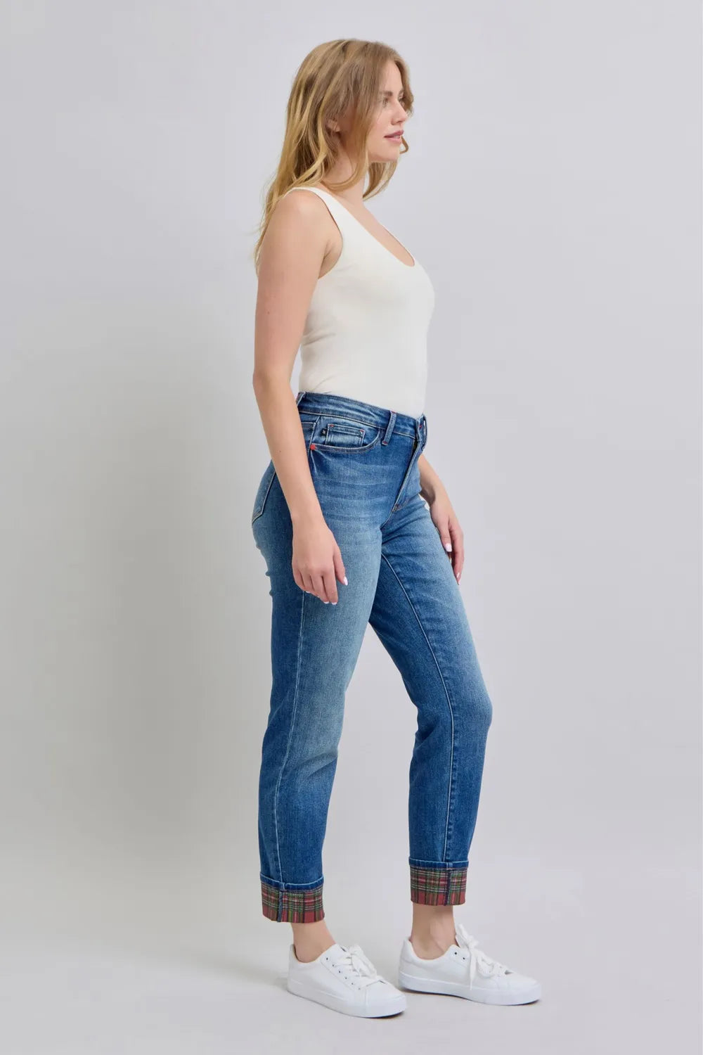 Judy Blue plaid print cuff straight leg jeans with pockets, full size, casual denim pants for women of all sizes.