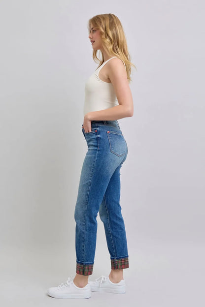 Judy Blue full-size plaid print cuff straight-leg jeans with pockets, featuring a stylish plaid pattern and classic denim design.