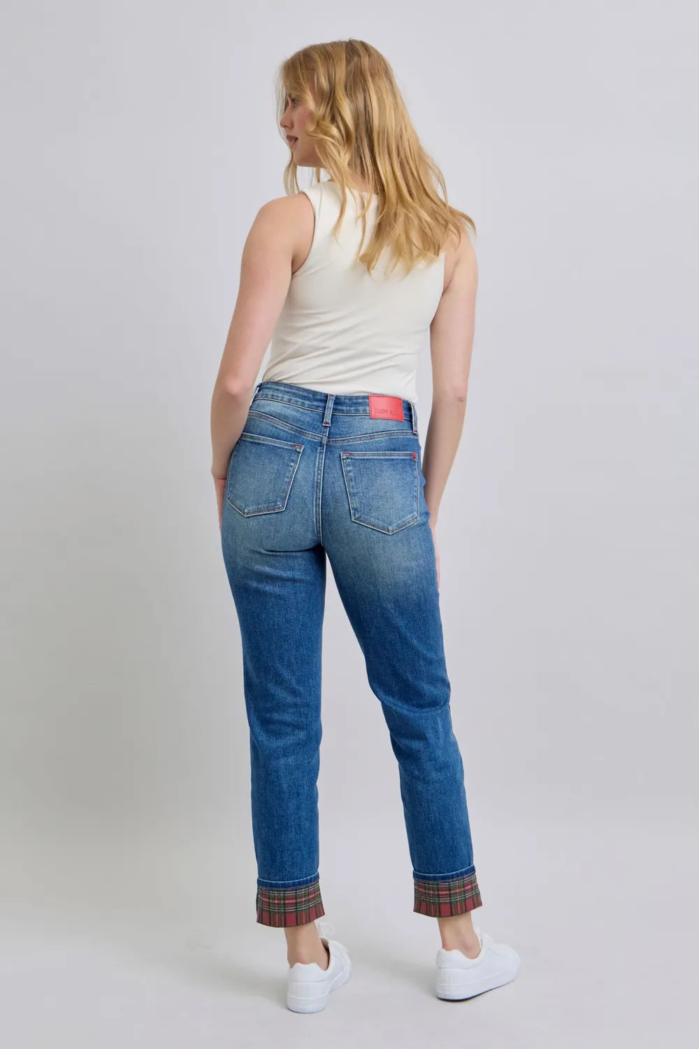 Judy Blue plaid print cuff straight leg jeans with pockets, full size, featuring a classic plaid pattern and relaxed fit.