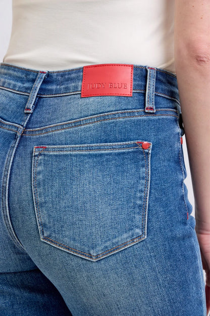 Judy Blue full-size plaid print cuff straight-leg jeans with pockets, featuring a classic denim look and stylish pattern.