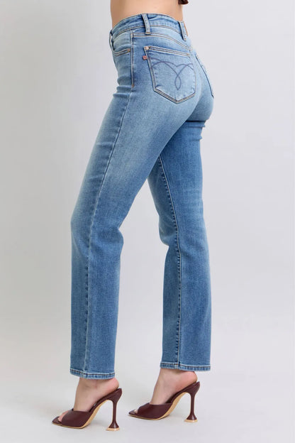 Judy Blue full size vintage wash thermal straight jeans, showcasing classic fit and distressed denim, designed for casual wear.