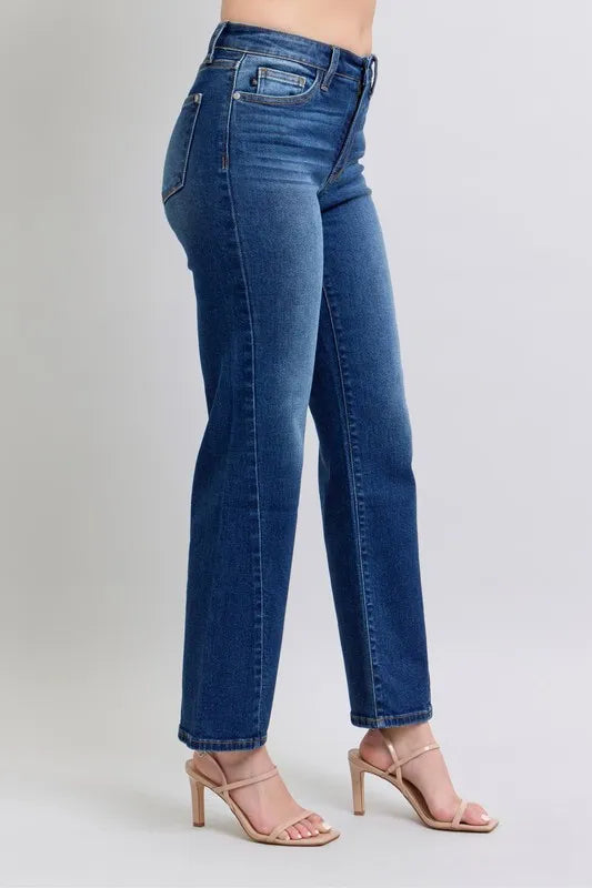 Judy Blue full-size straight jeans with side seam details and front pockets, showcasing a classic denim look.