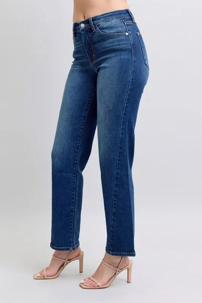 Judy Blue full-size straight jeans with side seam detail and pockets, featuring a classic denim look and a comfortable fit.