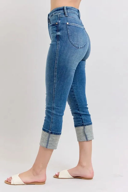Plus size Judy Blue skinny cuff capris jeans with pockets, full length, stylish denim, designed for a comfortable fit.