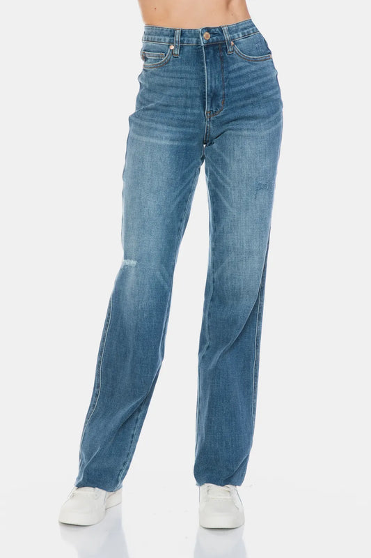 Judy Blue full-size straight jeans with tummy control and raw hem, showcasing a medium wash and classic fit.