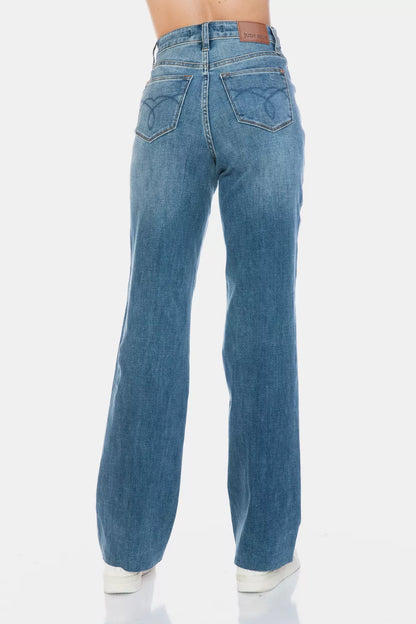 Judy Blue full-size straight jeans with raw hem and tummy control, featuring a cut design, displayed on a neutral background.