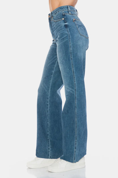 Judy Blue full-size straight jeans with raw hem and tummy control, featuring a classic cut and stylish design.