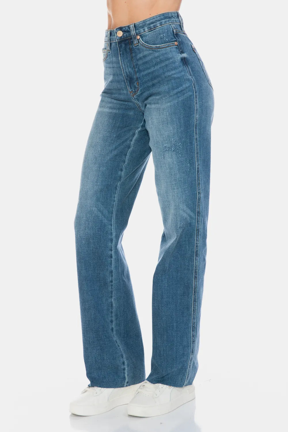 Judy Blue full size straight jeans with tummy control, cut raw hem, and classic denim look, displayed on a neutral background.